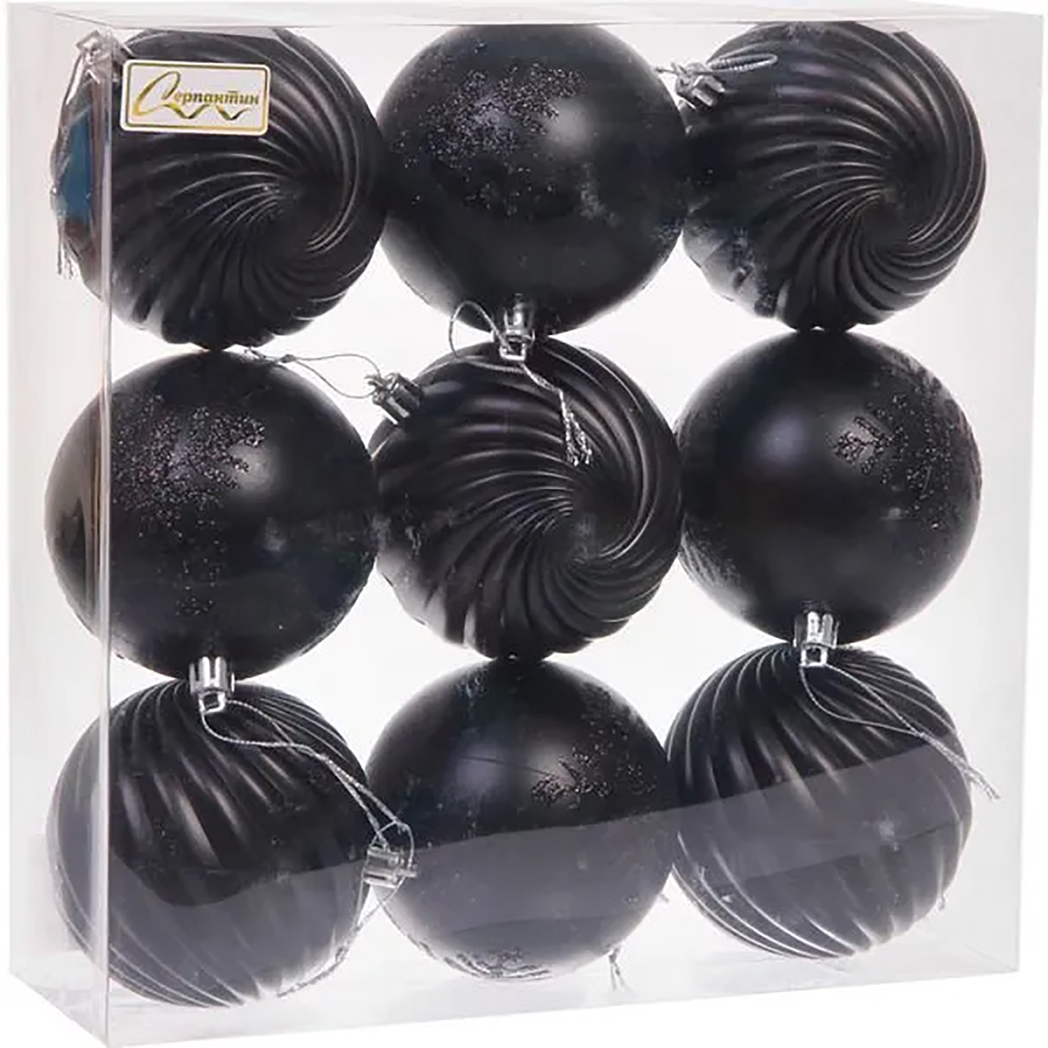 Новогодние шары "Изящные узоры" 8 см (набор 9 шт), Черный