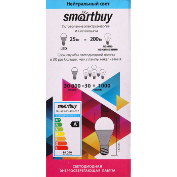 Лампа светодиодная Smartbuy, Е27, 25 Вт, груша A65, 2000 Лм, 4000 К, нейтральный белый