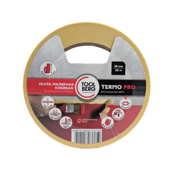 Лента клейкая малярная термостойкая "ТЕРМО PRO" 38мм х 50м арт.2010250 "TOOLBERG" *1/48 Лента клейкая малярная термостойкая "ТЕРМО PRO" 38мм х 50м арт.2010250 "TOOLBERG" *1/48